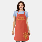 Gardening-apron,  rood-oranje, eenvoudig, aangepas schort (Gedragen)