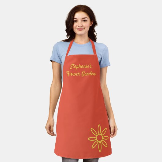 Gardening-apron,  rood-oranje, eenvoudig, aangepas schort (Gedragen)