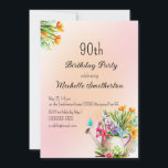 Gardening Flowers 90th Birthday Party Kaart<br><div class="desc">De 90e verjaardagsuitnodiging met een  drenking kan vol kleurrijke bloemen. Deze kaart kan voor iedereen van elke leeftijd worden aangepast. Neem contact met mij op voor hulp bij uw aanpassingen of om aanvullende Zazzle-producten aan te vragen of te coördineren voor uw viering.</div>