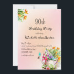 Gardening Flowers 90th Birthday Party Kaart<br><div class="desc">De 90e verjaardagsuitnodiging met een  drenking kan vol kleurrijke bloemen. Deze kaart kan voor iedereen van elke leeftijd worden aangepast. Neem contact met mij op voor hulp bij uw aanpassingen of om aanvullende Zazzle-producten aan te vragen of te coördineren voor uw viering.</div>