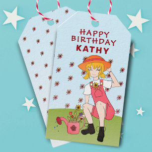 Gardening Girl met Flowers Happy Birthday Cadeaulabel