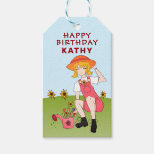 Gardening Girl met zonnebloemen Happy Birthday Cadeaulabel