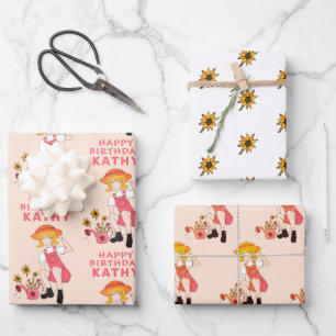 Gardening Girl met zonnebloemen Happy Birthday Inpakpapier Vel