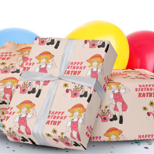 Gardening Girl met zonnebloemen Happy Birthday Wra Cadeaupapier