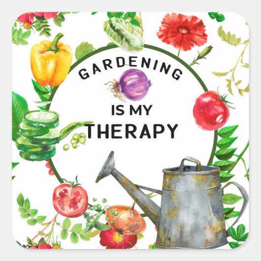 Gardening is mijn therapie groente-watersprot vierkante sticker (Voorkant)