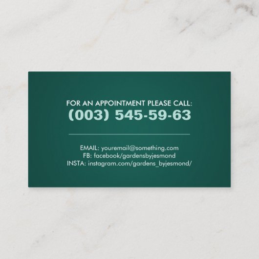 Gardening - witte pictogrammen op smaragdgroen visitekaartje (Achterkant)