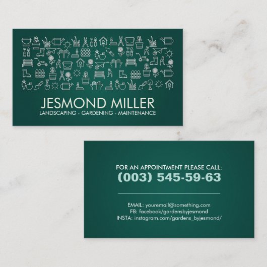 Gardening - witte pictogrammen op smaragdgroen visitekaartje (Voorkant / Achterkant)