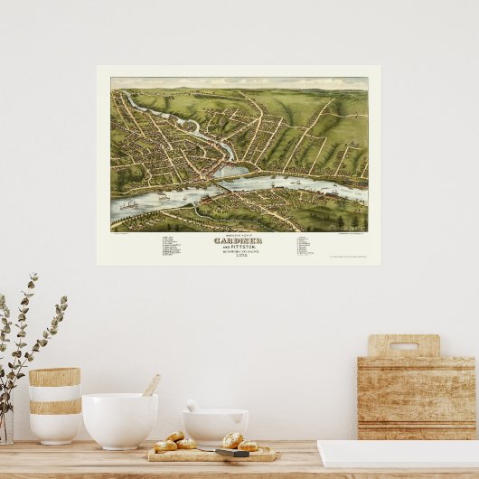 Gardiner & Pittston, ME Panoramic Map - 1878 Poster (Keuken)