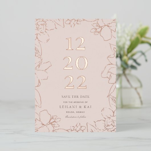 Gardnia Floral Dusty Pink Save the Date Folie Uitnodiging (Staand Voorkant)