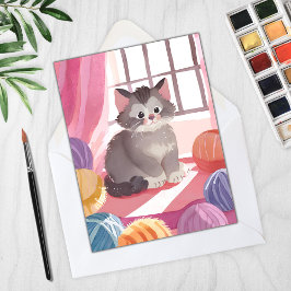 Garenbal Kitten | Kat Waterverf Schilderij Kaart