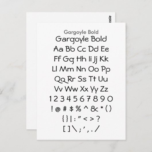 Gargoyle Bold - Zazzle Font Sampler Blad Briefkaart (Voorkant / Achterkant)