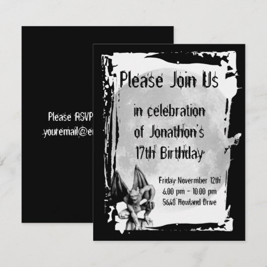 Gargoyle en Full Moon Gothic Birthday Uitnodiging (Voorkant / Achterkant)