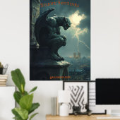Gargoyle Halloween met Stormy Sky en Lightning Poster (Thuiskantoor)