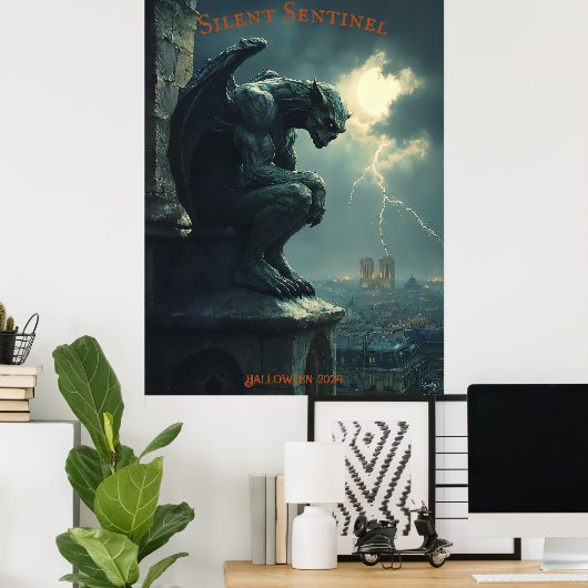 Gargoyle Halloween met Stormy Sky en Lightning Poster (Thuiskantoor)