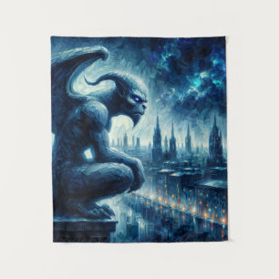 Gargoyle in Gotische stad bij nacht Wandkleed