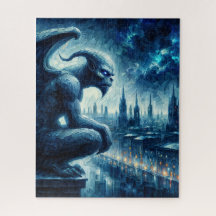 Gargoyle kijkt naar Gothic City Blue