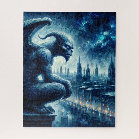 Gargoyle kijkt naar Gothic City Blue Legpuzzel (Verticaal)