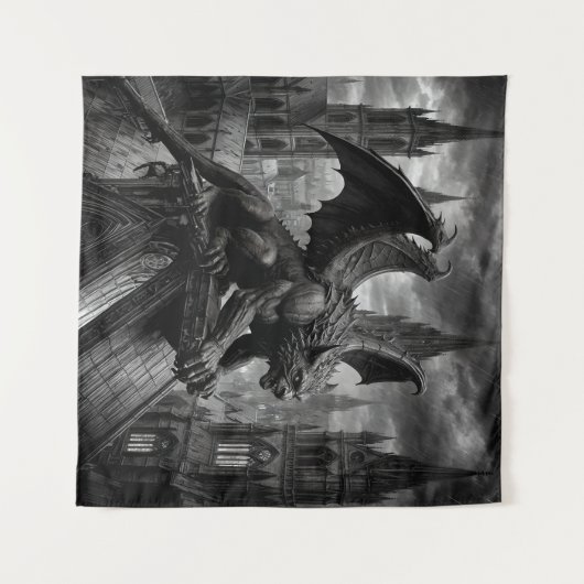 Gargoyle Ontwaken op Regendoorweekt Kathedraal Dak Wandkleed (Voorkant (horizontaal))