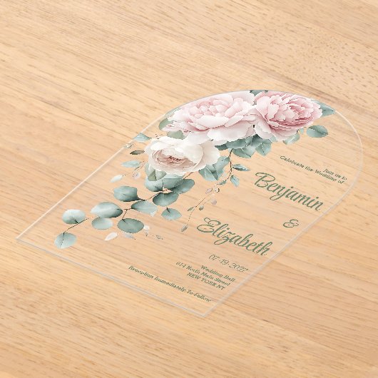 Garland roze pioenen eucalyptusblad Huwelijk Acryl Uitnodigingen (Laagn)