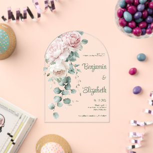 Garland roze pioenen eucalyptusblad Huwelijk Acryl Uitnodigingen