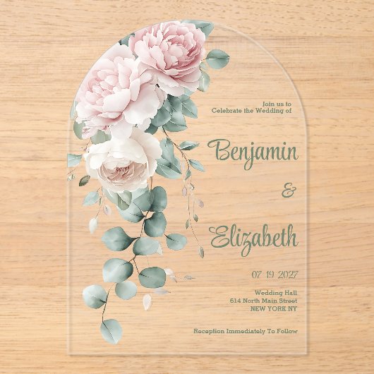 Garland roze pioenen eucalyptusblad Huwelijk Acryl Uitnodigingen (Voorkant)