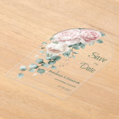 Garland roze pioenen eucalyptusblad Save the Date Acryl Uitnodigingen (Laagn)
