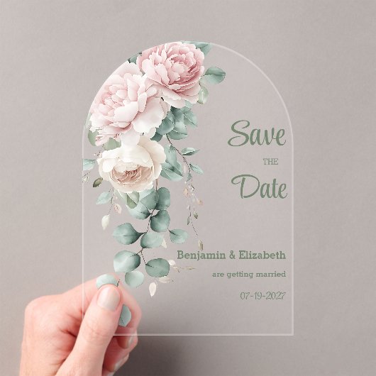 Garland roze pioenen eucalyptusblad Save the Date Acryl Uitnodigingen (Insitu (Draagbaar))