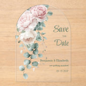 Garland roze pioenen eucalyptusblad Save the Date Acryl Uitnodigingen (Voorkant)