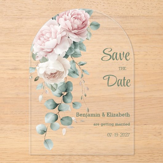 Garland roze pioenen eucalyptusblad Save the Date Acryl Uitnodigingen (Voorkant)