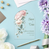 Garland roze pioenen eucalyptusblad Save the Date Acryl Uitnodigingen (Insitu (Huwelijk))