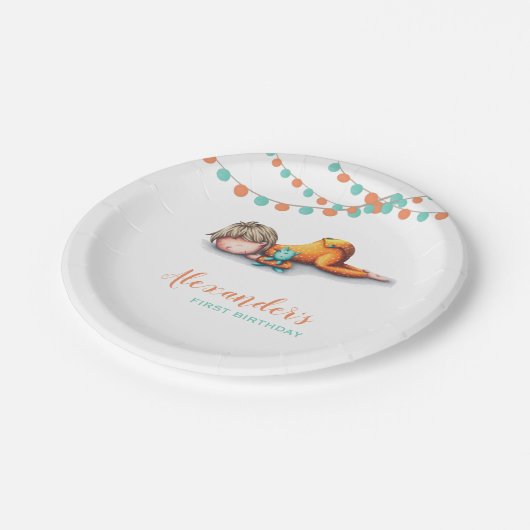 Garland Sleeping Boy Illustratie Eerste Verjaardag Papieren Bordje (Gekanteld)