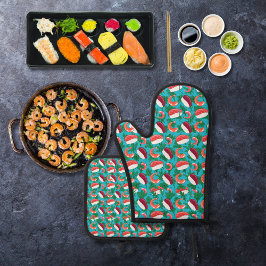 Garnalen en sushi blauw ovenwant & pannenlap set