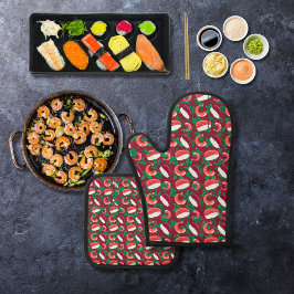 Garnalen en sushi bordeaux rood ovenwant & pannenlap set
