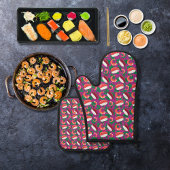 Garnalen en sushi magenta ovenwant & pannenlap set
