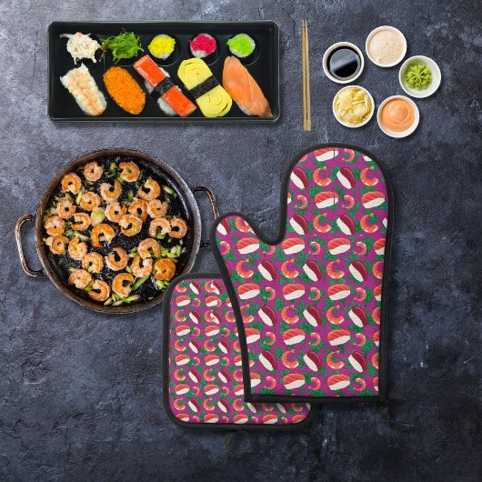 Garnalen en sushi magenta ovenwant & pannenlap set