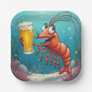 Garnalen met een glas bier onder water papieren bordje