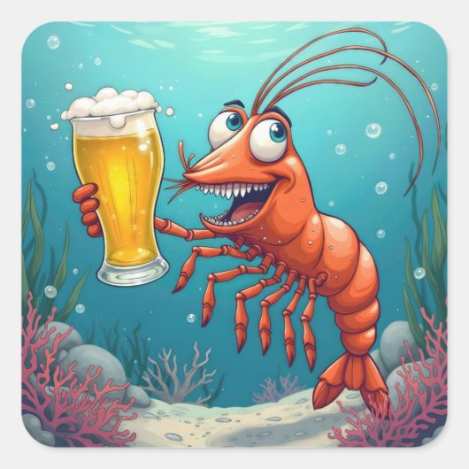 Garnalen met een glas bier onder water vierkante sticker (Voorkant)