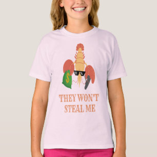 garnalen met pistool en geld zeggen: ze stelen me t-shirt