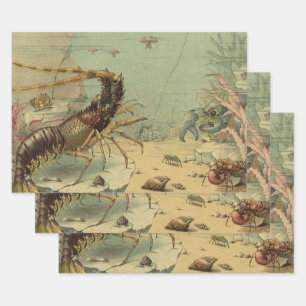 Garnalen, Onderwater Zeedieren, Vintage Oceandiere Inpakpapier Vel
