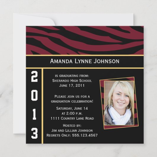 Garnet Gold Black Zebra Afstuderen Invitation Kaart (Voorkant)