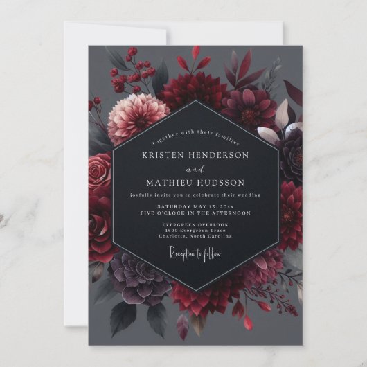 Garnet Noir Botanische Bruiloft Kaart (Voorkant)