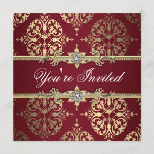 Garnet Ruby Red Gold Black Damask Party Kaart