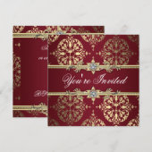Garnet Ruby Red Gold Black Damask Party Uitnodigin Kaart (Voorkant / Achterkant)