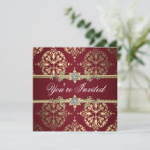 Garnet Ruby Red Gold Black Damask Party Uitnodigin Kaart (Staand voorkant)
