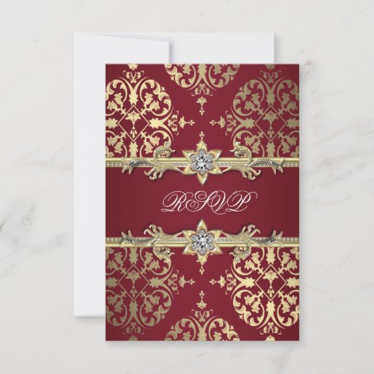 Garnet Ruby Red Gold Black Damask Party Uitnodigin RSVP Kaartje (Voorkant)