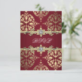 Garnet Ruby Red Gold Black Damask Party Uitnodigin RSVP Kaartje (Staand voorkant)