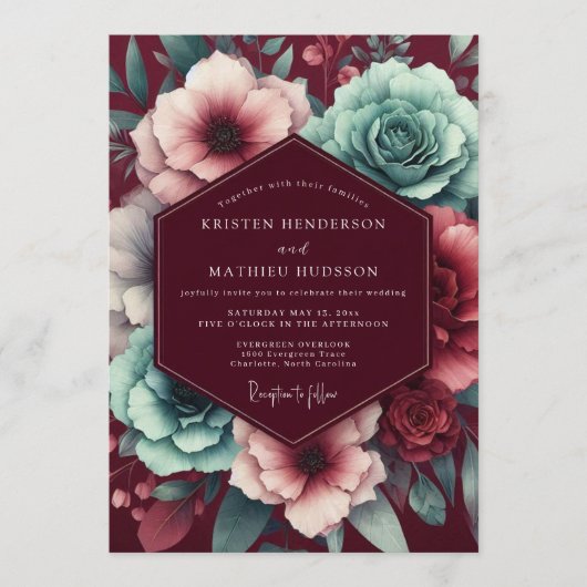 Garnet Teal Moody Bloom Wedding Kaart (Voorkant)