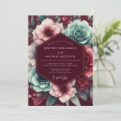 Garnet Teal Moody Bloom Wedding Kaart (Staand voorkant)