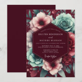 Garnet Teal Moody Bloom Wedding Kaart (Voorkant / Achterkant)
