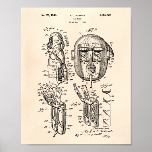 Gas Mask 1944 Patent Art Old Peper Poster (Voorkant)